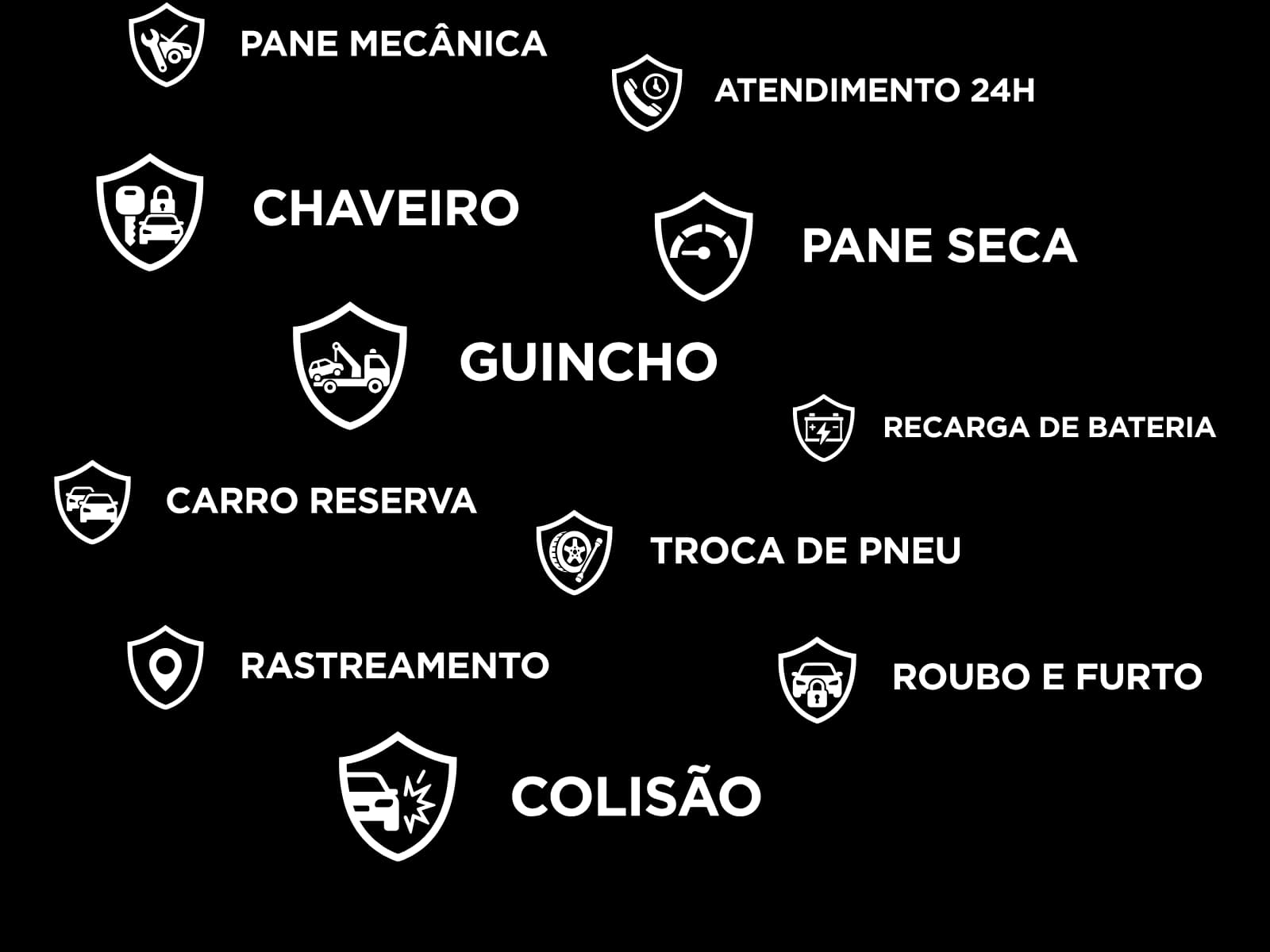 ROUBO E FURTO, CHAVEIRO, ATENDIMENTO 24H, GUINCHO, PANE MECÂNICA, TROCA DE PNEU, RASTREAMENTO, CARRO RESERVA, COLISÃO, RECARGA DE BATERIA, PANE SECA